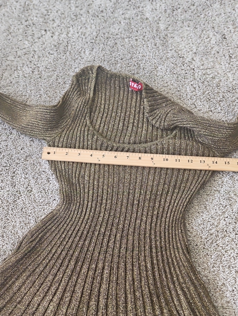STAUD Gold Metallic Ribbed Long-Sleeve Fit-and-Flare Mini Dress L - Picture 6 of 11